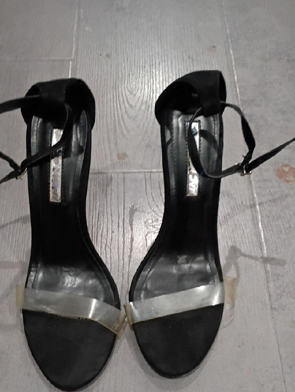 Fashion Nova Black Ankle-Strap Stiletto Sandals with Clear Toe Band